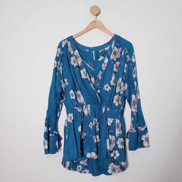 Free People Tuscan Dreams Teal Floral Tunic Mini Dress Bell Sleeve Boho S - Picture 5 of 12
